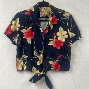 Caribbean Joe Cropped Tie Front‎ Hawaiian Shirt Blouse Size M Rayon Hawaii Luau
